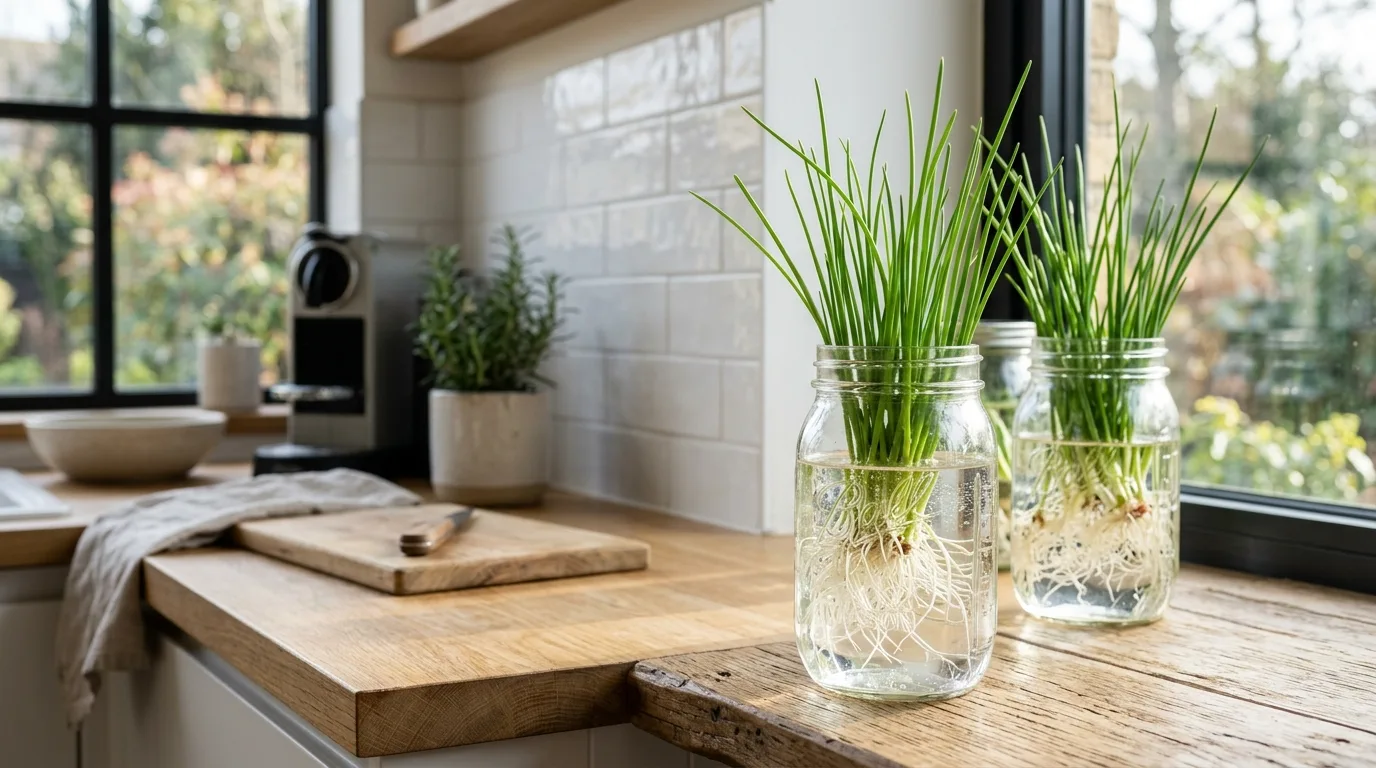 Chives in Clear Water Jars